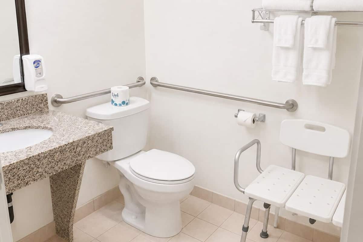 A bathroom with a toilet, sink, mirror, towel rack, and grab bars.