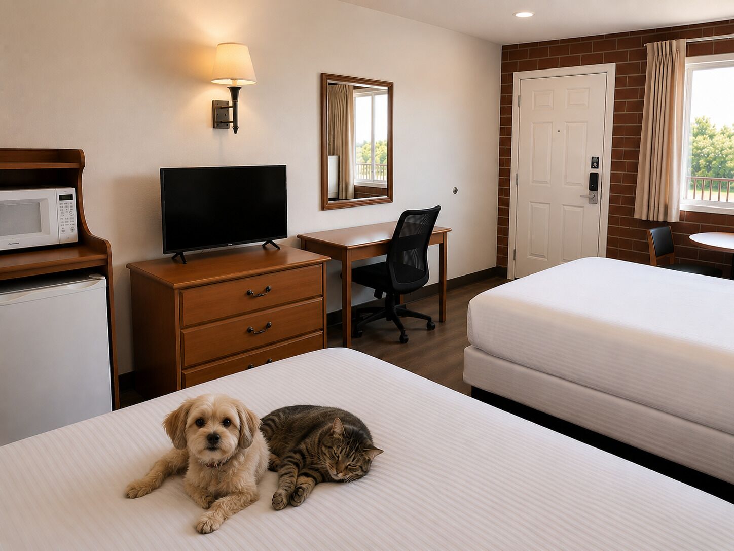 A hotel room with a bed, a desk with a chair, a television, a microwave, and a mirror.