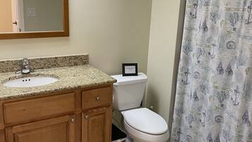 Suihkun ja ammeen yhdistelmä, hiustenkuivaaja, pyyhkeet, saippua