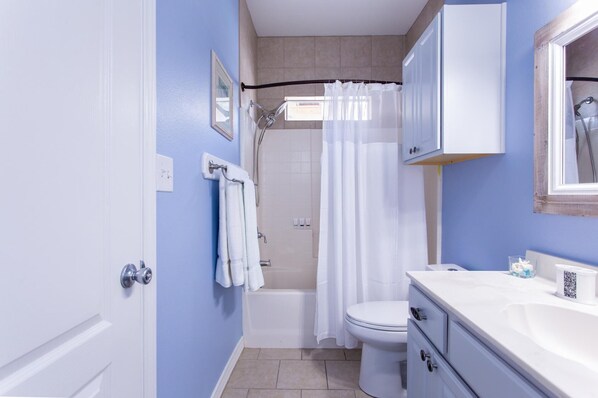 Combined shower/bathtub, hair dryer