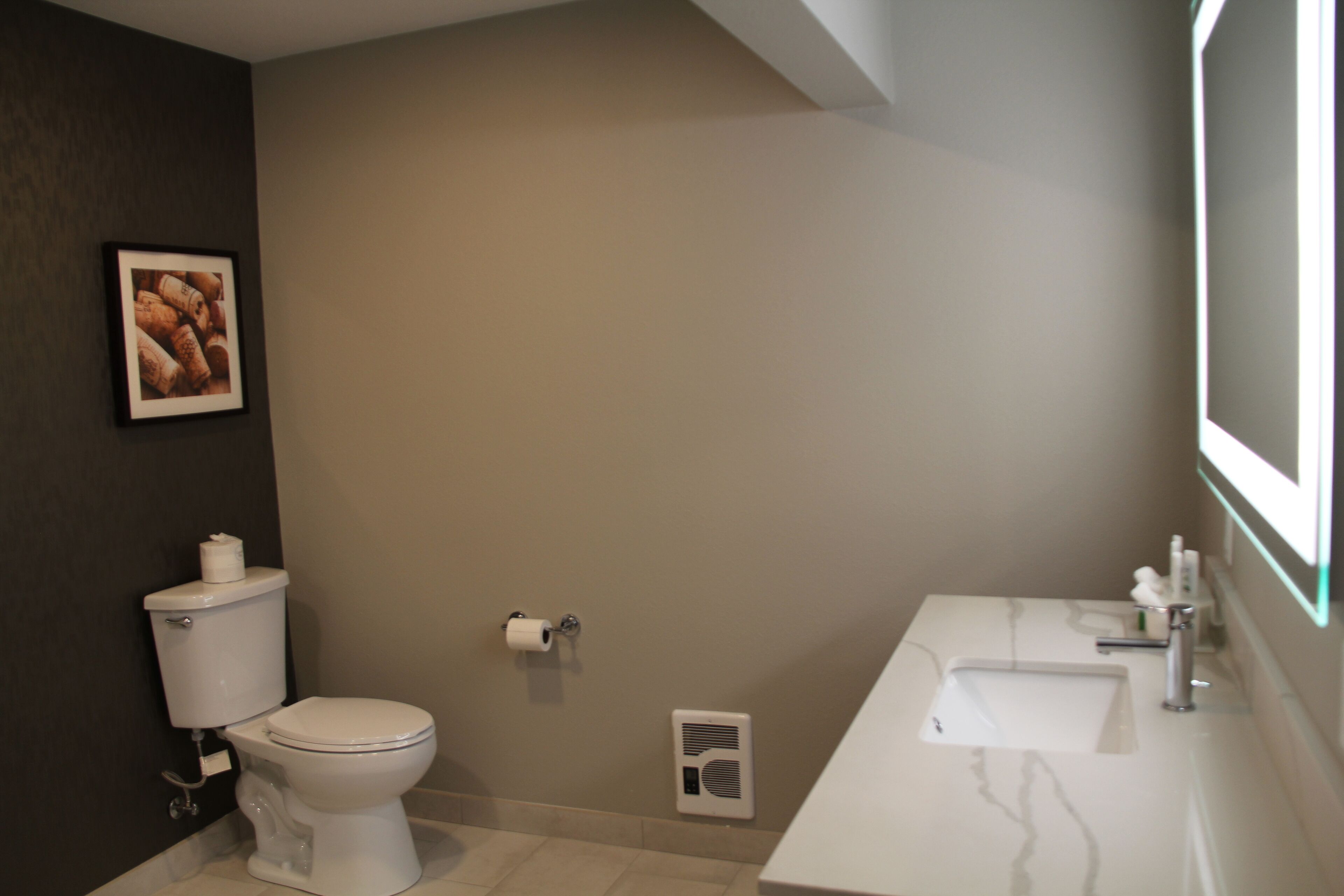 A bathroom with a toilet, sink, mirror, and a picture on the wall.