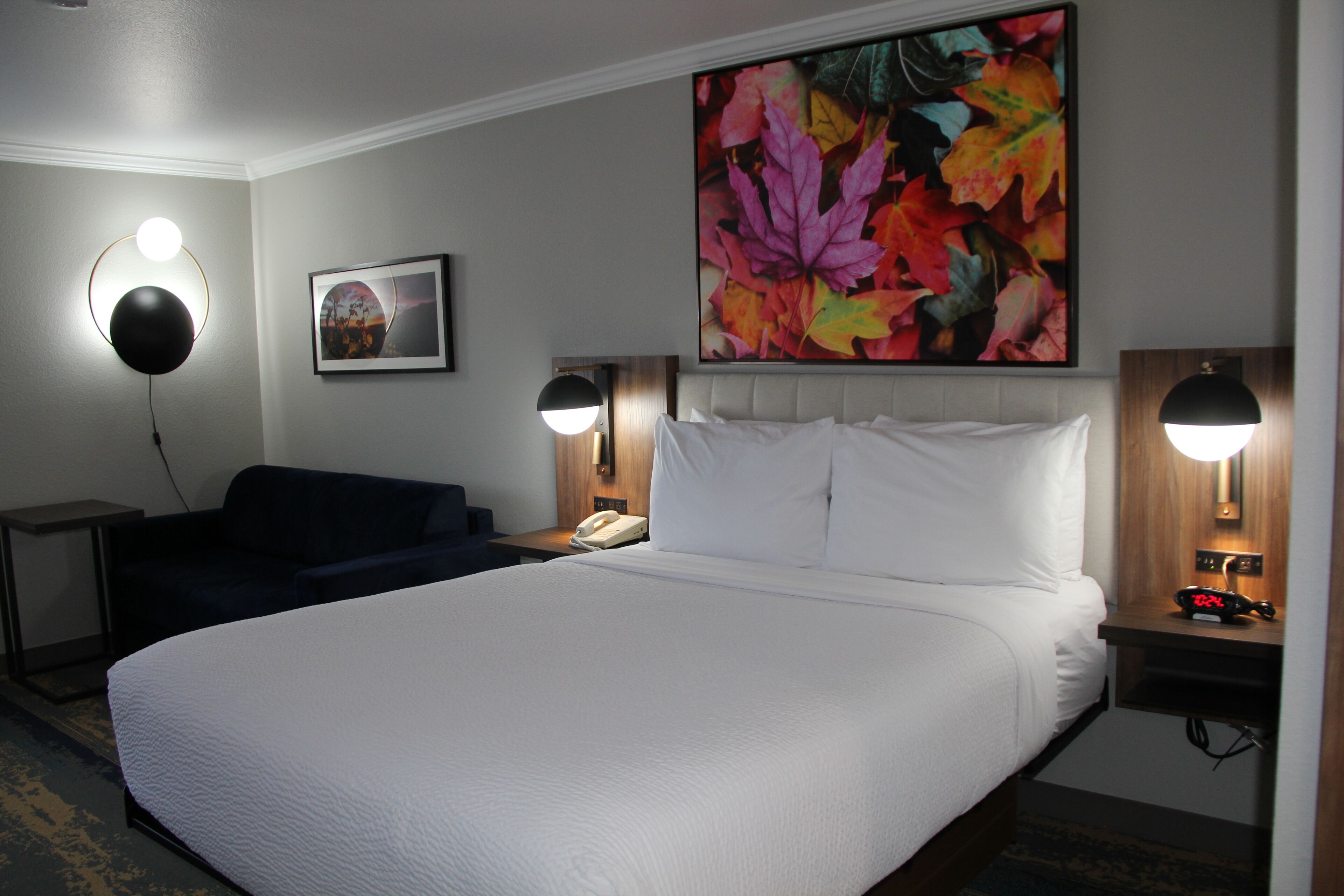A hotel room with a large bed, a desk, a chair, a nightstand with a phone, and a wall-mounted painting.
