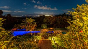 Vista nocturna de un jardín con piscina, plantas iluminadas y un paisaje urbano distante.