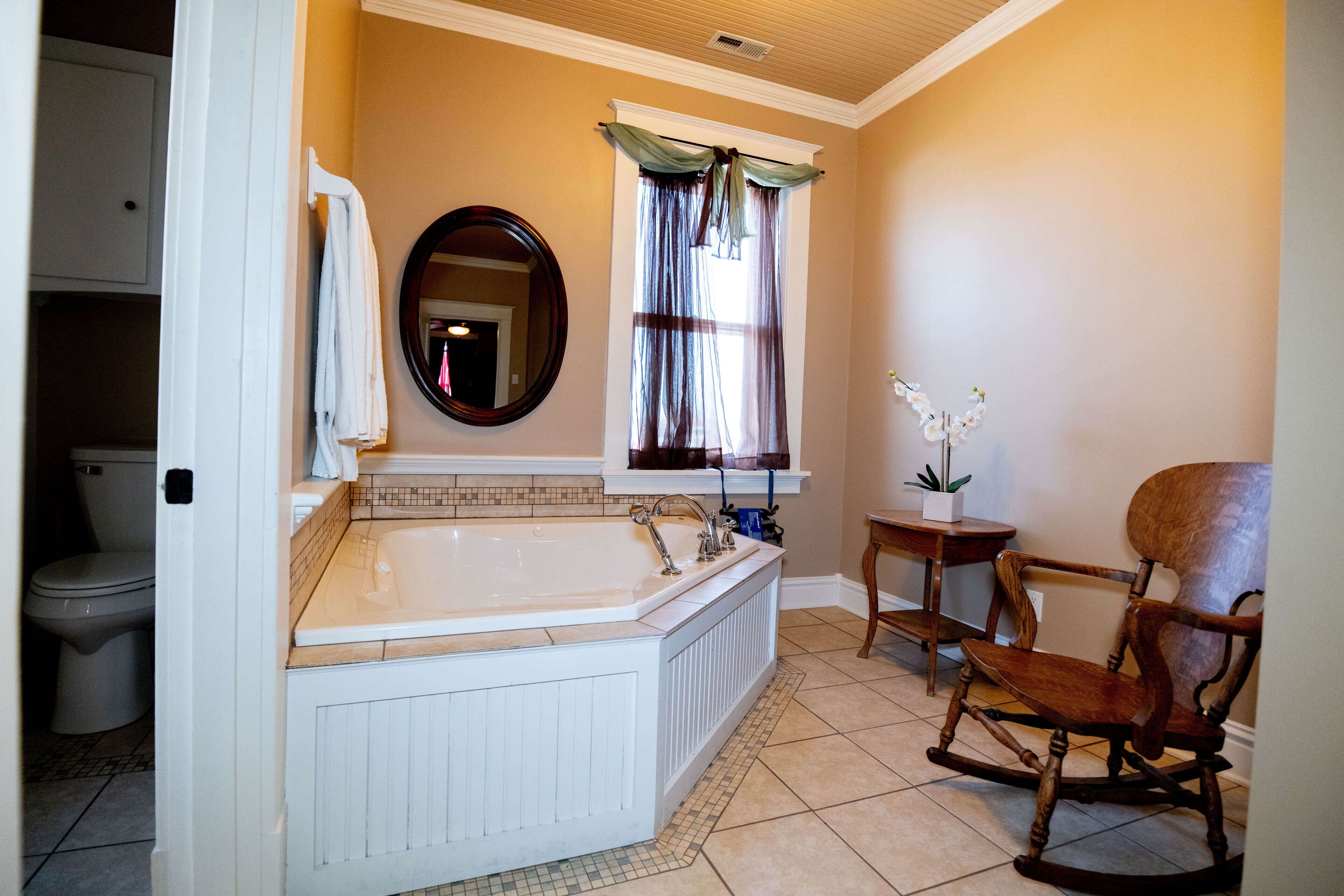 Shower, jetted tub, hair dryer, towels