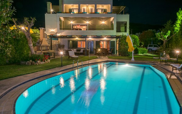 Seasonal outdoor pool, pool umbrellas, pool loungers