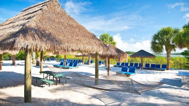 A beach with thatched umbrellas, blue lounge chairs, and a sandy area.