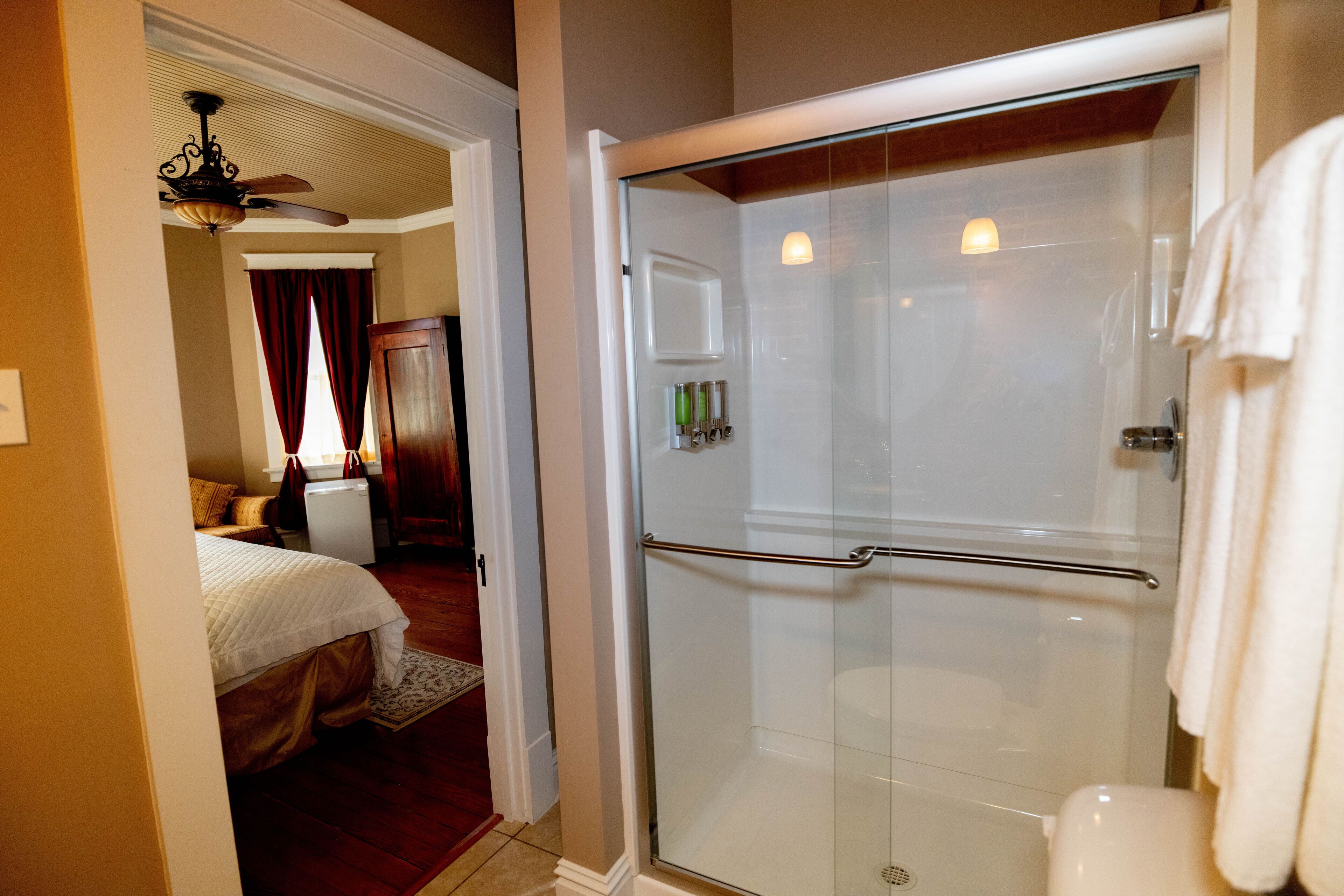 Hair dryer, towels, soap