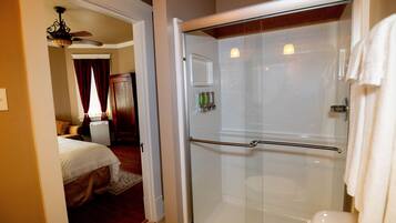 Hair dryer, towels, soap