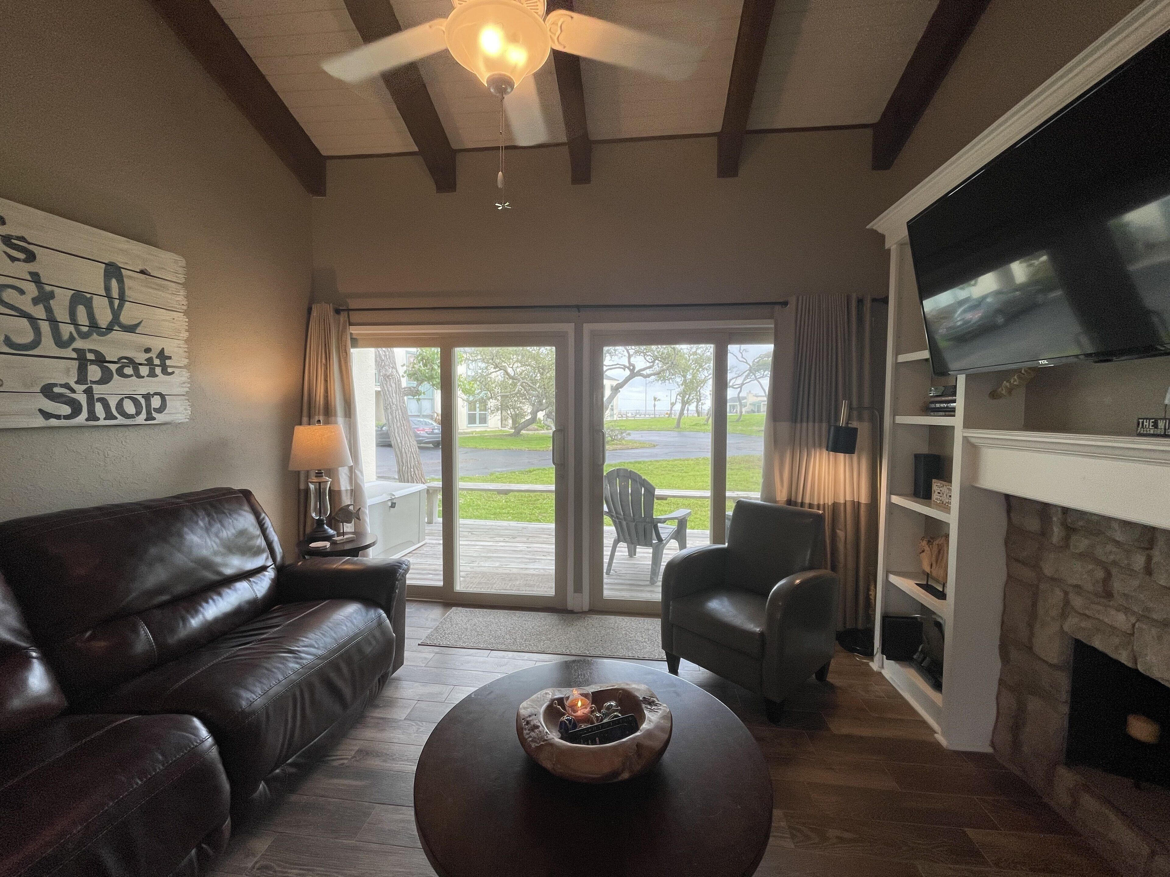 Living area with view of Aransas Bay. 