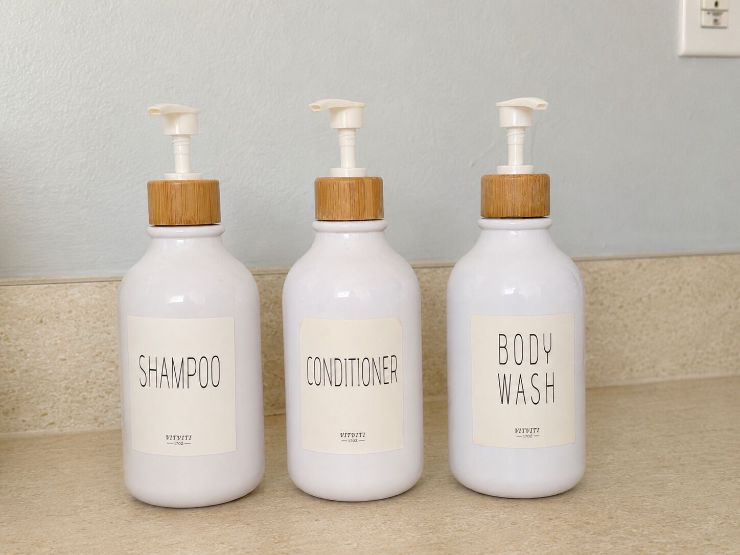 Shampoo, conditioner, and body wash are provided.