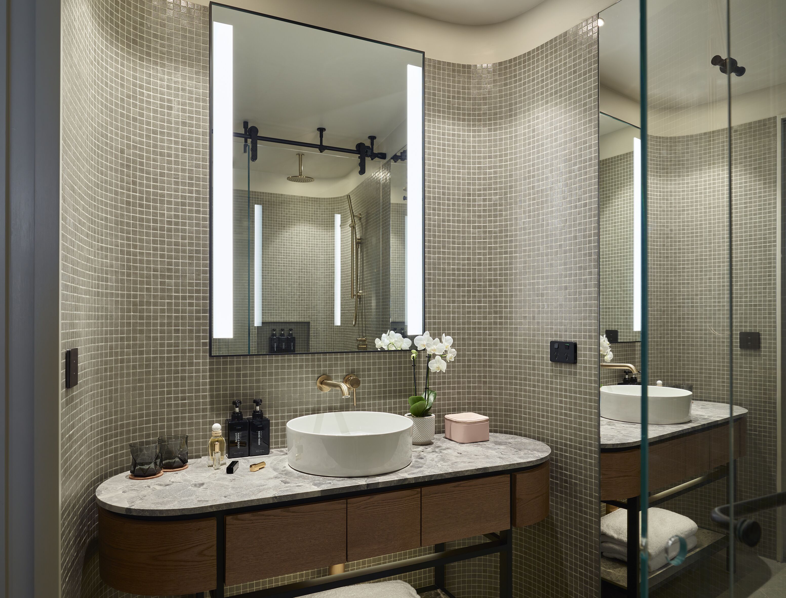 shower, rainfall showerhead, designer toiletries, hair dryer