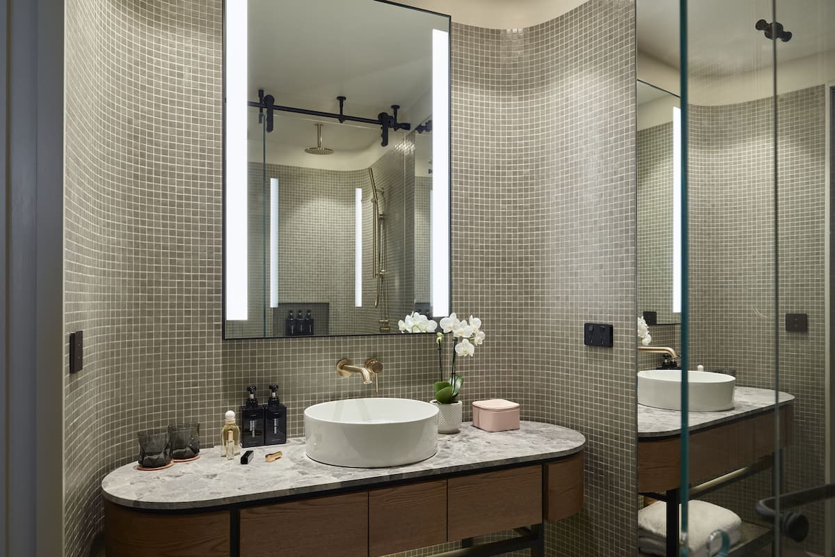 shower, rainfall showerhead, designer toiletries, hair dryer