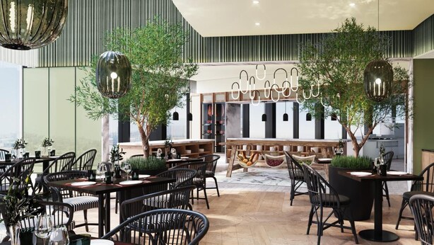 A modern restaurant with black chairs, wooden tables, and hanging pendant lights. - Crystalbrook Kingsley (Newcastle)