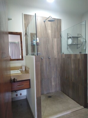 Shower, towels, soap, shampoo