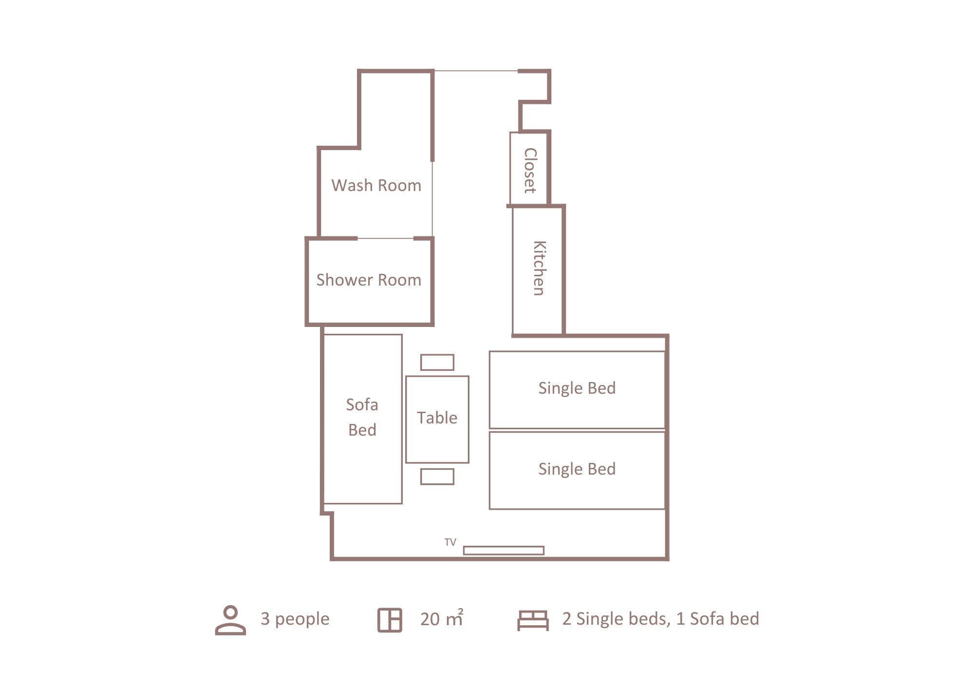 Distribución de una habitación de 20 m² con sofá cama, dos camas individuales, una mesa, televisor, cuarto de aseo, ducha y cocina.