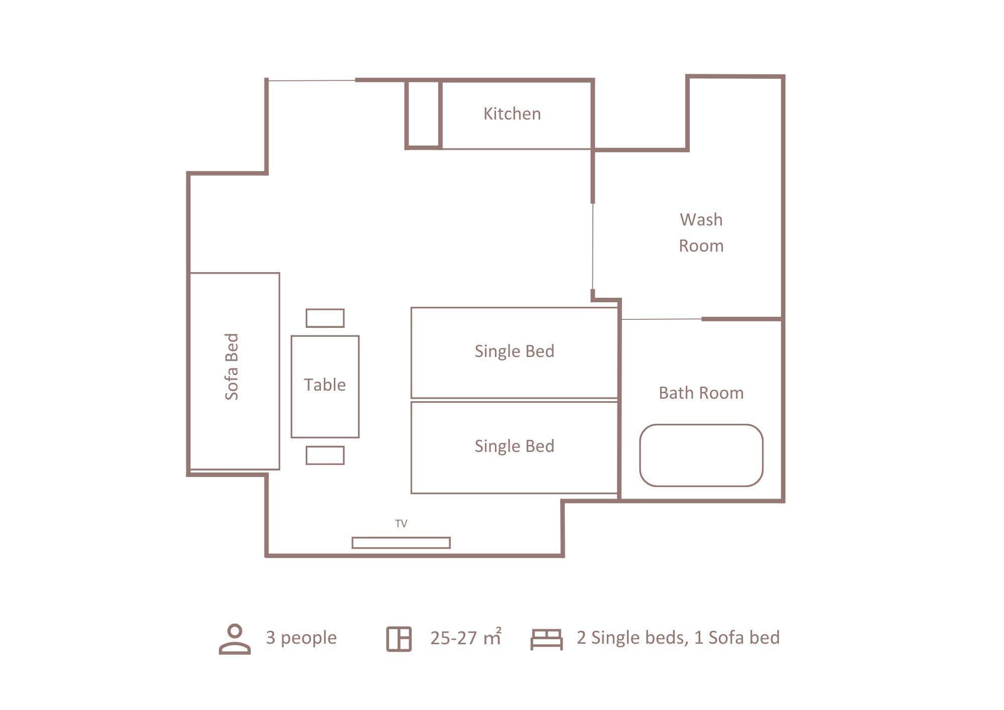 A floor plan with a sofa bed, two single beds, a TV, a table, a kitchen, a washroom, and a bathroom.