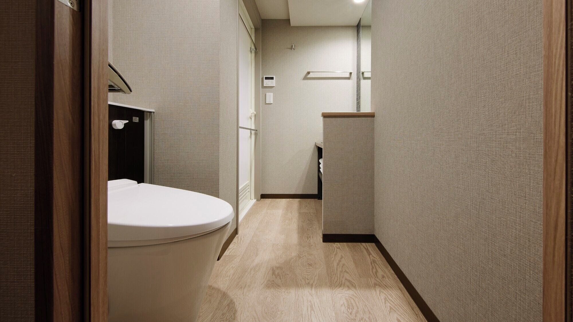 A narrow hallway with a toilet on the left, a towel rack above it, and a small counter with a mirror on the right.