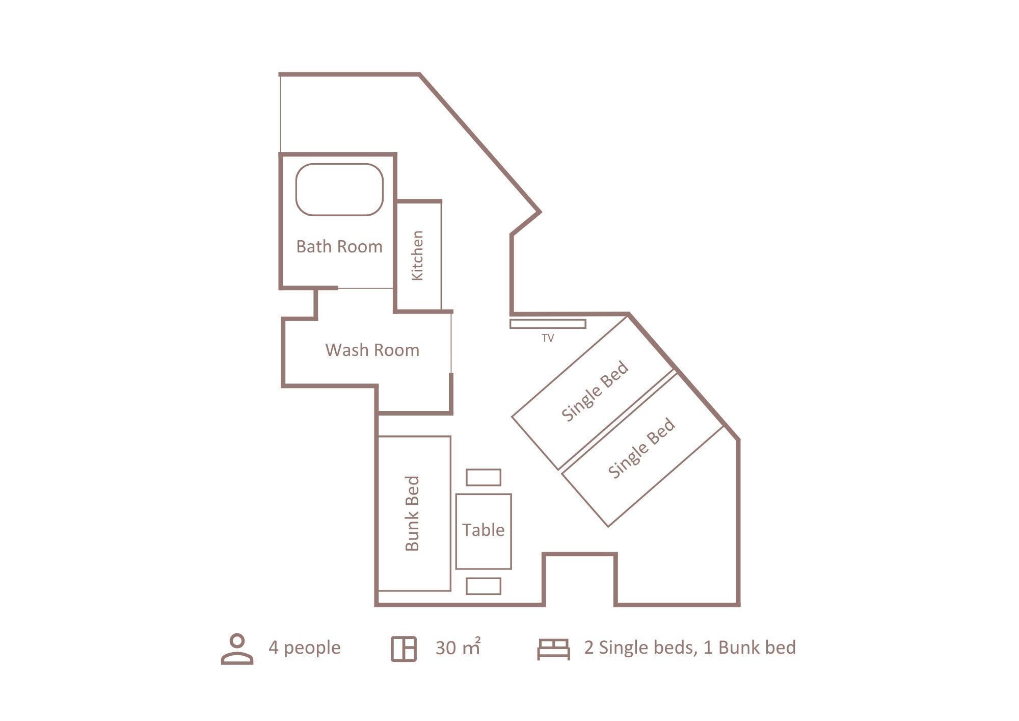 Indeling van een kamer van 30 m² met een enkel bed, een stapelbed, een toiletruimte, een keuken en een televisie.