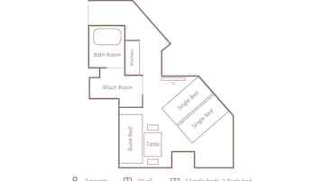 Indeling van een kamer van 30 m² met een enkel bed, een stapelbed, een toiletruimte, een keuken en een televisie.