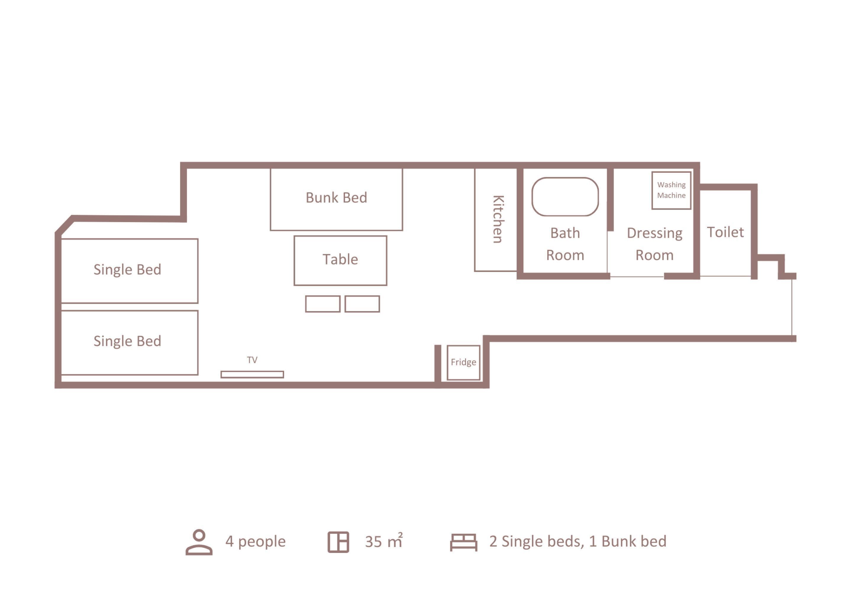A floor plan of a 35 m² apartment with 4 people capacity, featuring 2 single beds, 1 bunk bed, a kitchen, a bathroom, a dressing room, and a TV.