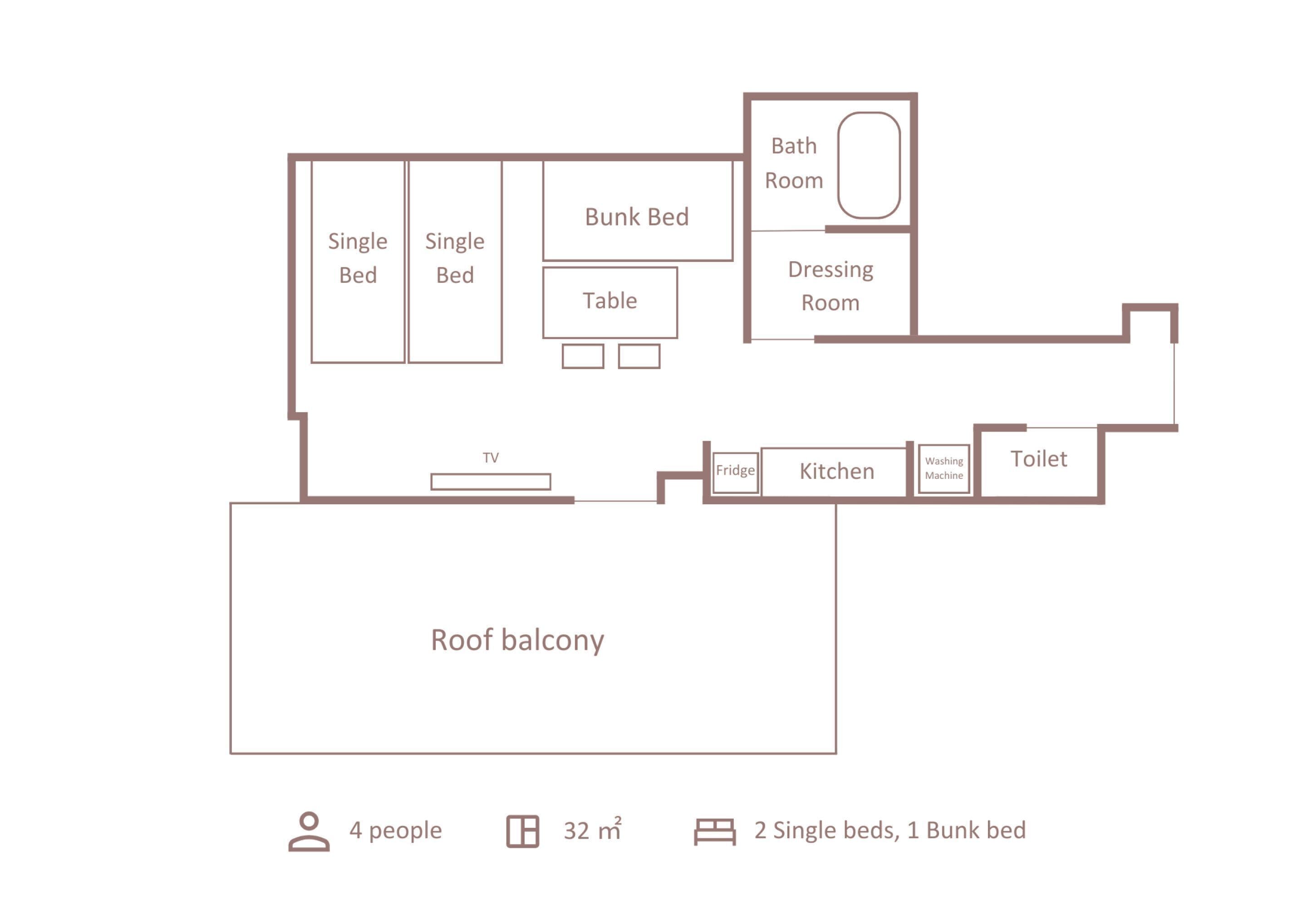 Plan d’étage d’un appartement de 32 m² pouvant accueillir jusqu’à 4 personnes, comprenant 2 lits simples et 1 lit superposé, une cuisine, une salle de bain, un dressing, une télévision et un balcon sur le toit.