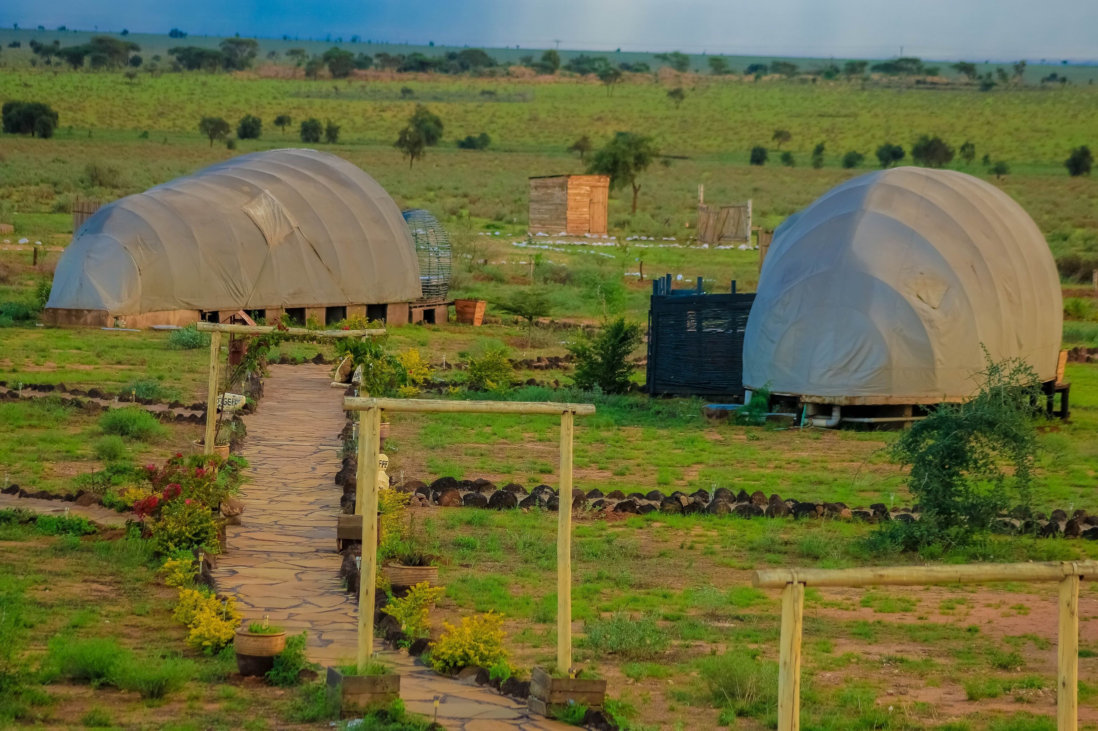 Two large, dome-shaped structures in a rural setting with a stone pathway leading to them.