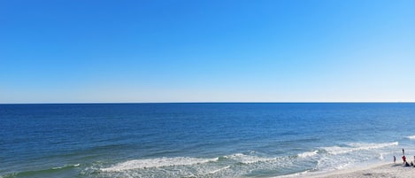 A beach with a clear sky, calm sea, and a sandy shore.