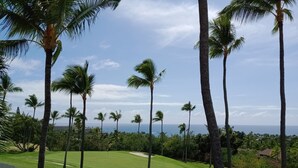 A golf course with a clear view of the ocean and palm trees. - 2 Story top level AC unit 2 bdrms w/Large Loft with 2 twin beds & bathrm SUNSETS (Kailua-Kona)