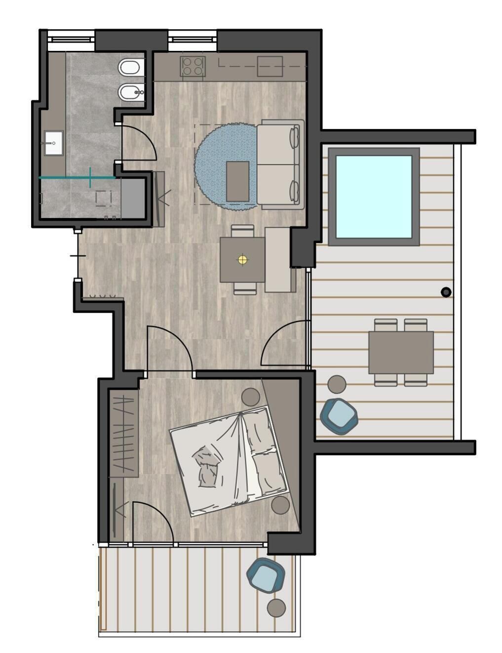 Un plan d’une chambre d’hôtel comprenant un lit, un bureau, une chaise, deux petites tables, un canapé, une piscine et une salle de bain.