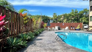 A swimming pool area with a concrete pathway, lounge chairs, and a table. - Kona coast Ali'i Dr location by ocean, free, PKG WIFI salt water pool Poke shack (Kailua-Kona)