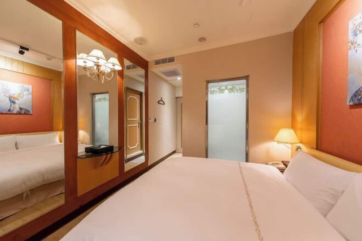Desk, laptop workspace, blackout curtains, free WiFi
