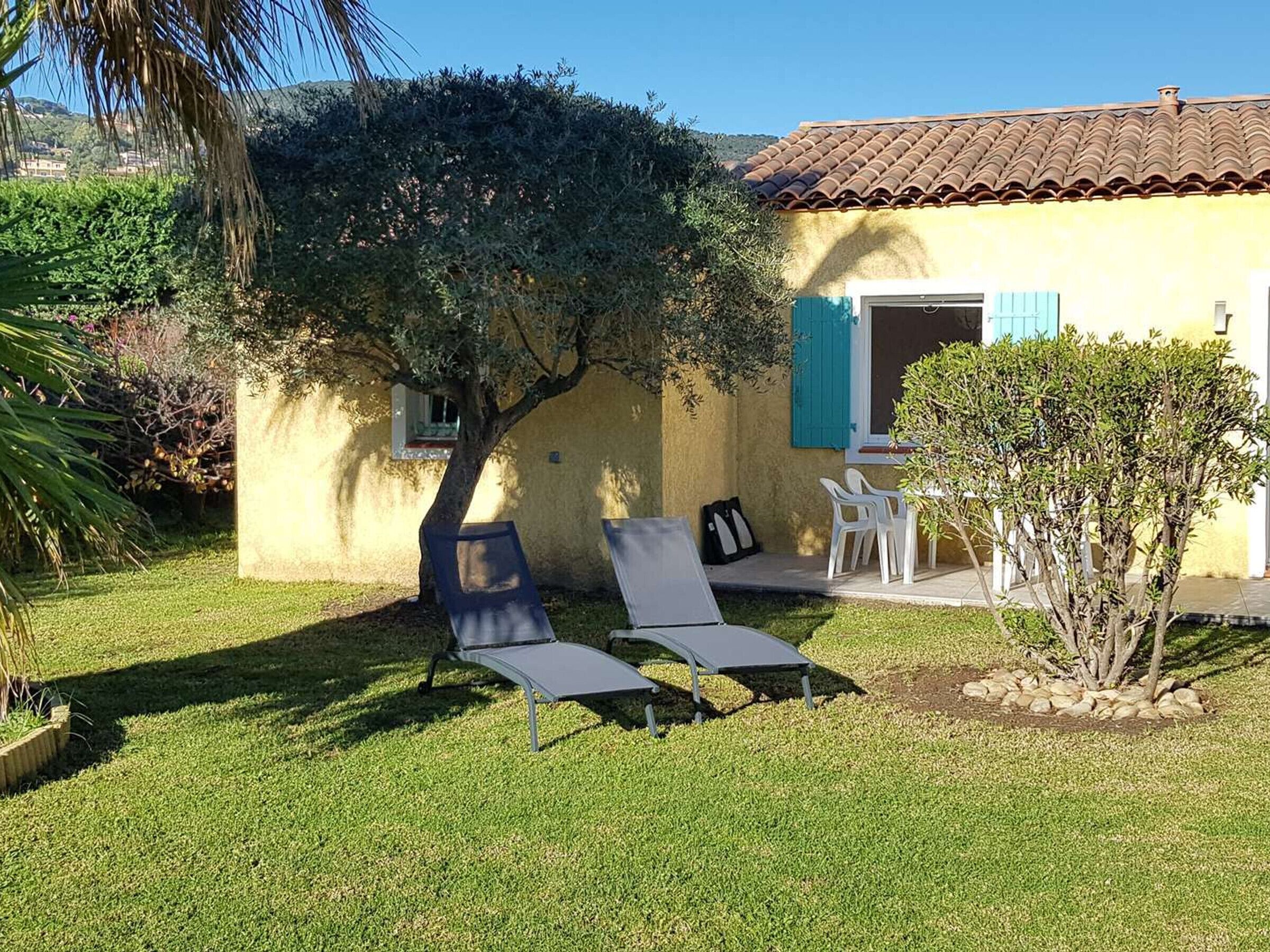 A small, yellow building with a tiled roof, a tree in the yard, and two lounge chairs.