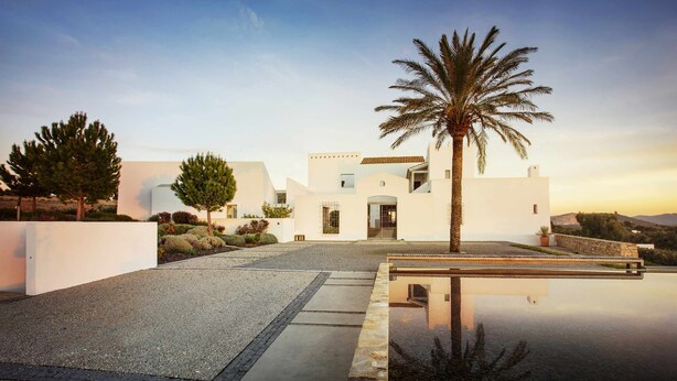 A modern white building with a reflective pool and palm trees. - Exclusive Cortijo surrounded by an olive grove (Arcos de la Frontera)