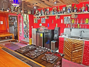 Fridge, microwave, coffee/tea maker, toaster