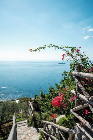 A coastal view with a wooden fence and vibrant flowers. - Partenope. Your Positano retreat with a private Hammam. (Positano)