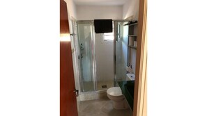 Shower, hair dryer, towels, toilet paper
