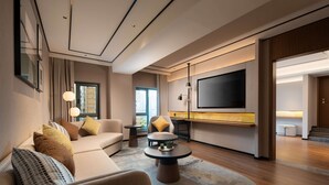 A modern living room with a sofa, armchairs, a coffee table, a TV, and a dining area.