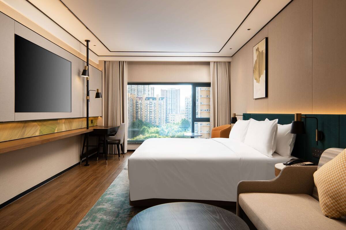 A hotel room with a large bed, a desk, a chair, a TV, and a view of the city.