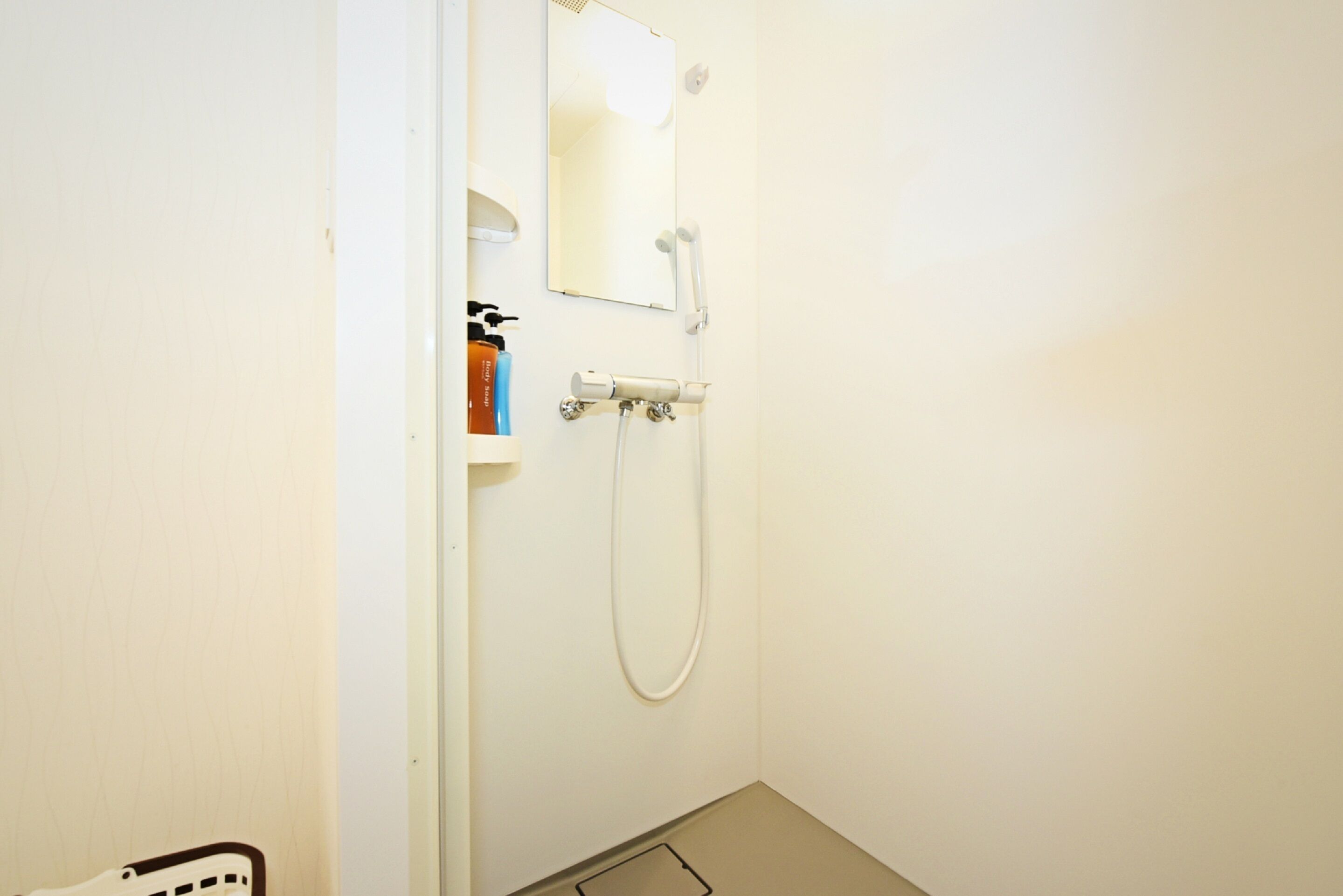 A small, white bathroom with a shower, a mirror, and a shelf with toiletries.