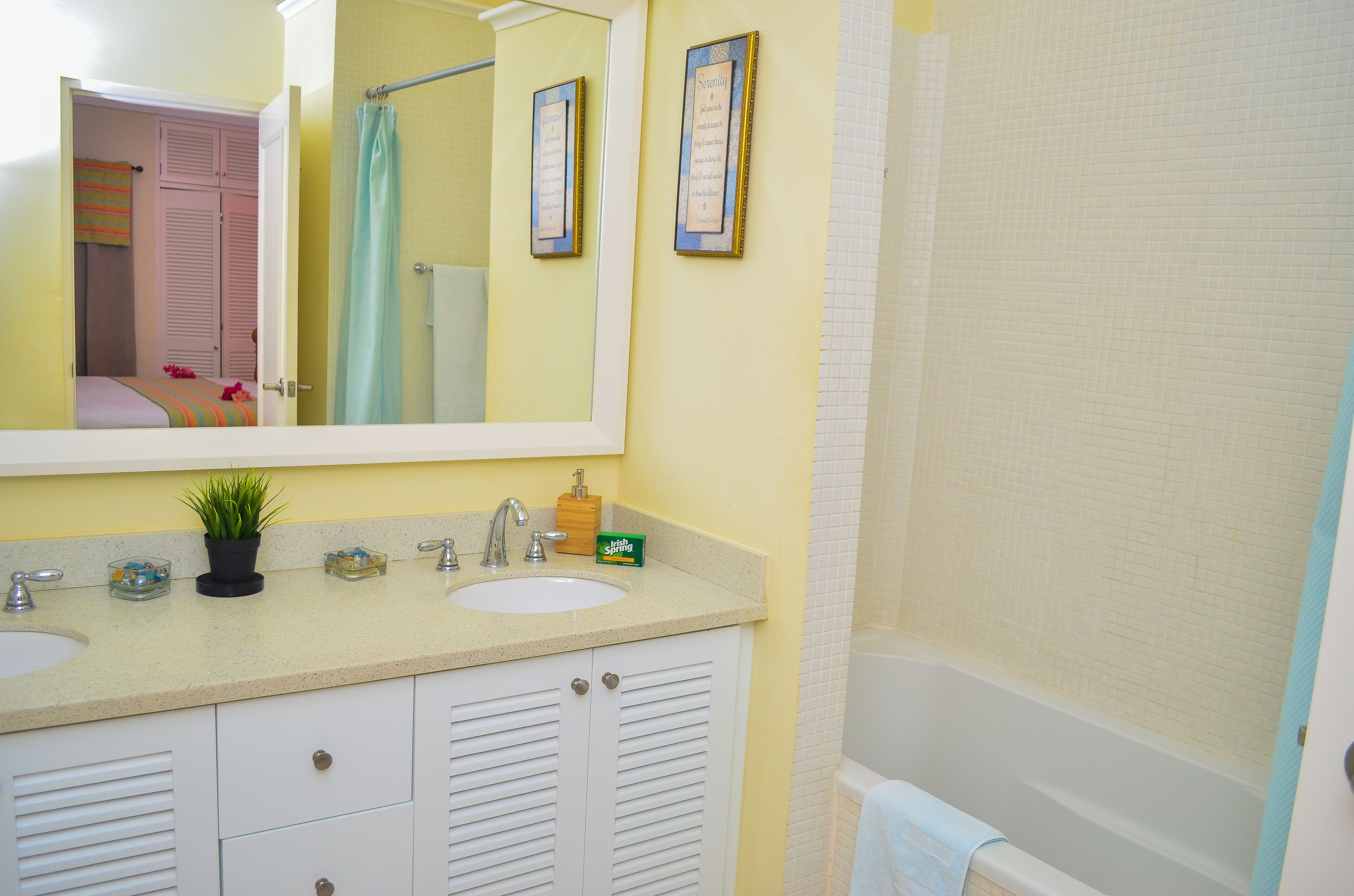 Une salle de bain avec un lavabo, un miroir et une baignoire.