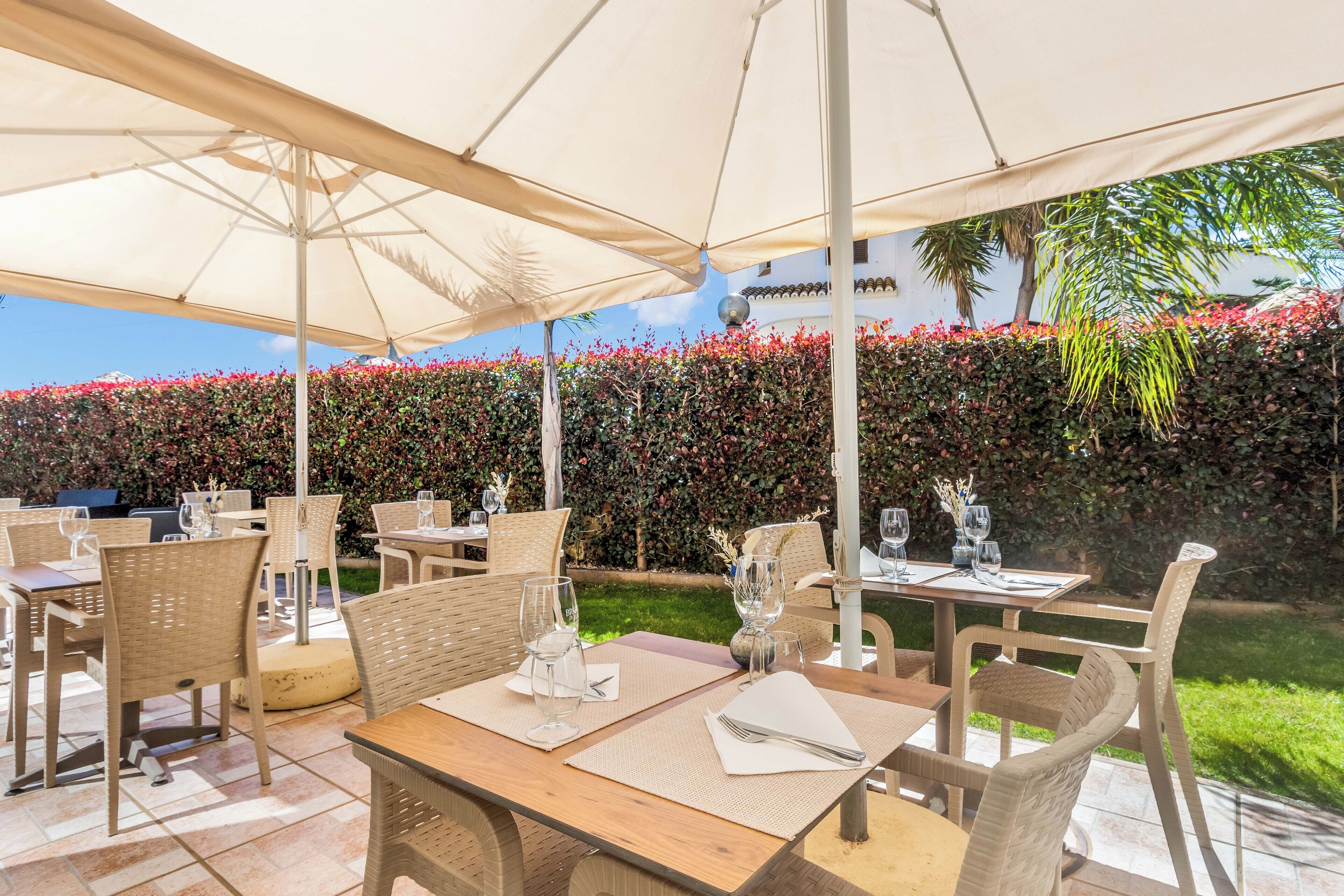 An outdoor dining area with tables and chairs, covered by large umbrellas, and a hedge with red flowers in the background.