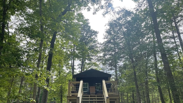 Une cabane en bois avec un escalier menant à une entrée couverte, entourée d’une forêt.