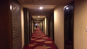 A hallway with a red carpet featuring large floral patterns, flanked by brick walls and doors. - James Joyce Coffetel (Xi'an)