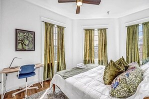 2 bedrooms, memory-foam beds, desk, iron/ironing board