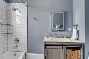 Shower, hair dryer, shampoo