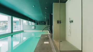 Indoor pool, outdoor pool, open 10:00 AM to 8:00 PM, pool umbrellas