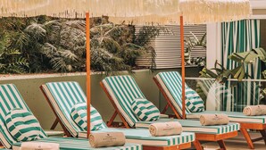 A row of striped lounge chairs with towels, a thatched umbrella, and a backdrop of palm trees and a striped awning. - Torel Terra Brava (Angra do Heroismo)