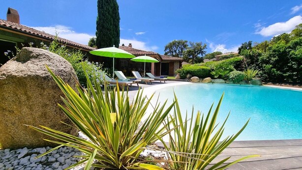 Ein Pool mit Liegestühlen und Sonnenschirmen, umgeben von Felsen und Pflanzen.