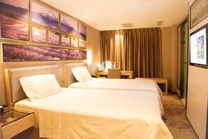 A hotel room with two beds, a desk, a chair, and a large window with curtains. - Lavande Hotels Shenzhen North Railway Station Bantian Metro Station (Shenzhen)