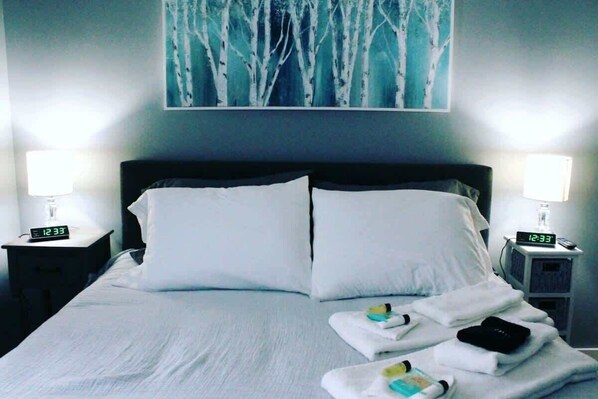 1 habitación, camas con efecto memoria y tabla de planchar con plancha 